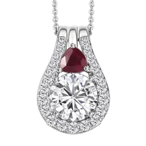 Moissanite and Niassa Ruby (FF) Pendant Necklace 20 Inches in Platinum Over Sterling Silver 3.75 ctw