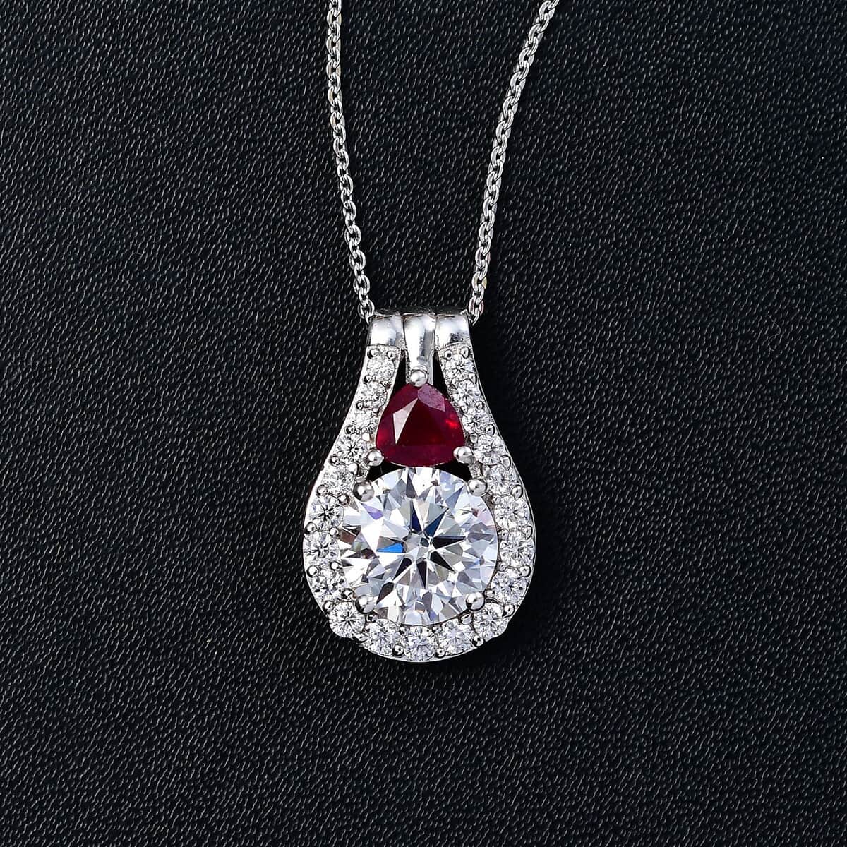 Moissanite and Niassa Ruby (FF) Pendant Necklace 20 Inches in Platinum Over Sterling Silver 3.75 ctw image number 1