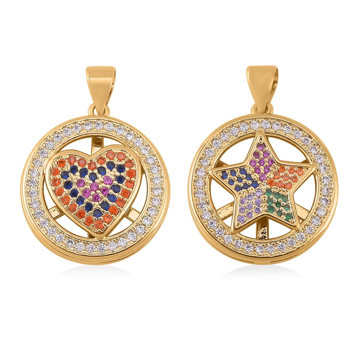 Simulated Multi Color Diamond, Enameled Set of 2 Heart & Star Pendant in Goldtone 0.40 ctw image number 0