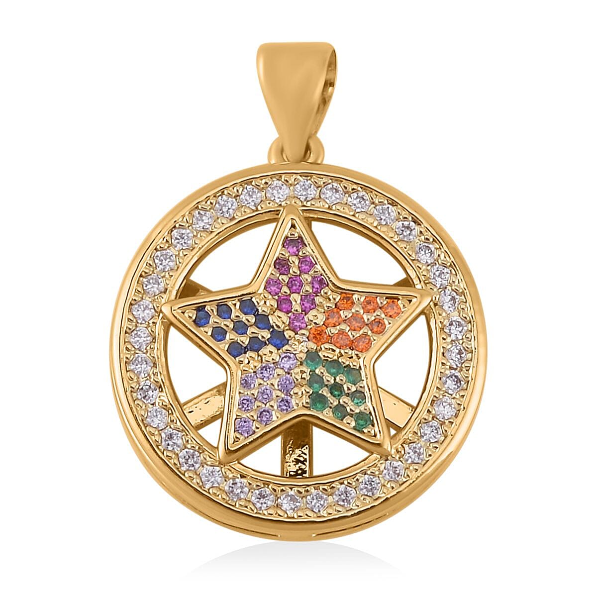 Simulated Multi Color Diamond, Enameled Set of 2 Heart & Star Pendant without Chain in Goldtone 0.40 ctw