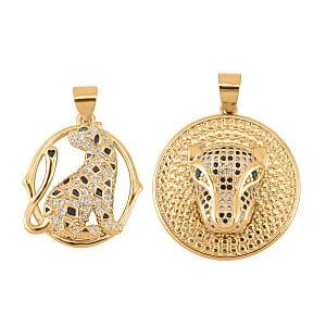 Simulated Multi Color Diamond, Enameled Set of 2 Leopard Pendant without Chain in Goldtone 0.36 ctw