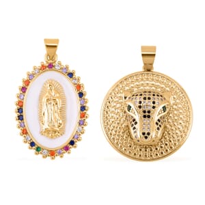 Simulated Multi Color Diamond, Enameled Set of 2 Mary Statue & Leopard Head Pendant without Chain in Goldtone 0.30 ctw