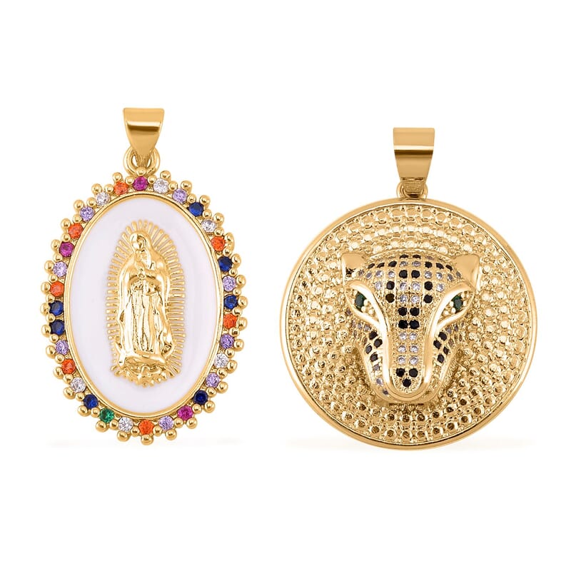 Simulated Multi Color Diamond, Enameled Set of 2 Mary Statue & Leopard Head Pendant without Chain in Goldtone 0.30 ctw