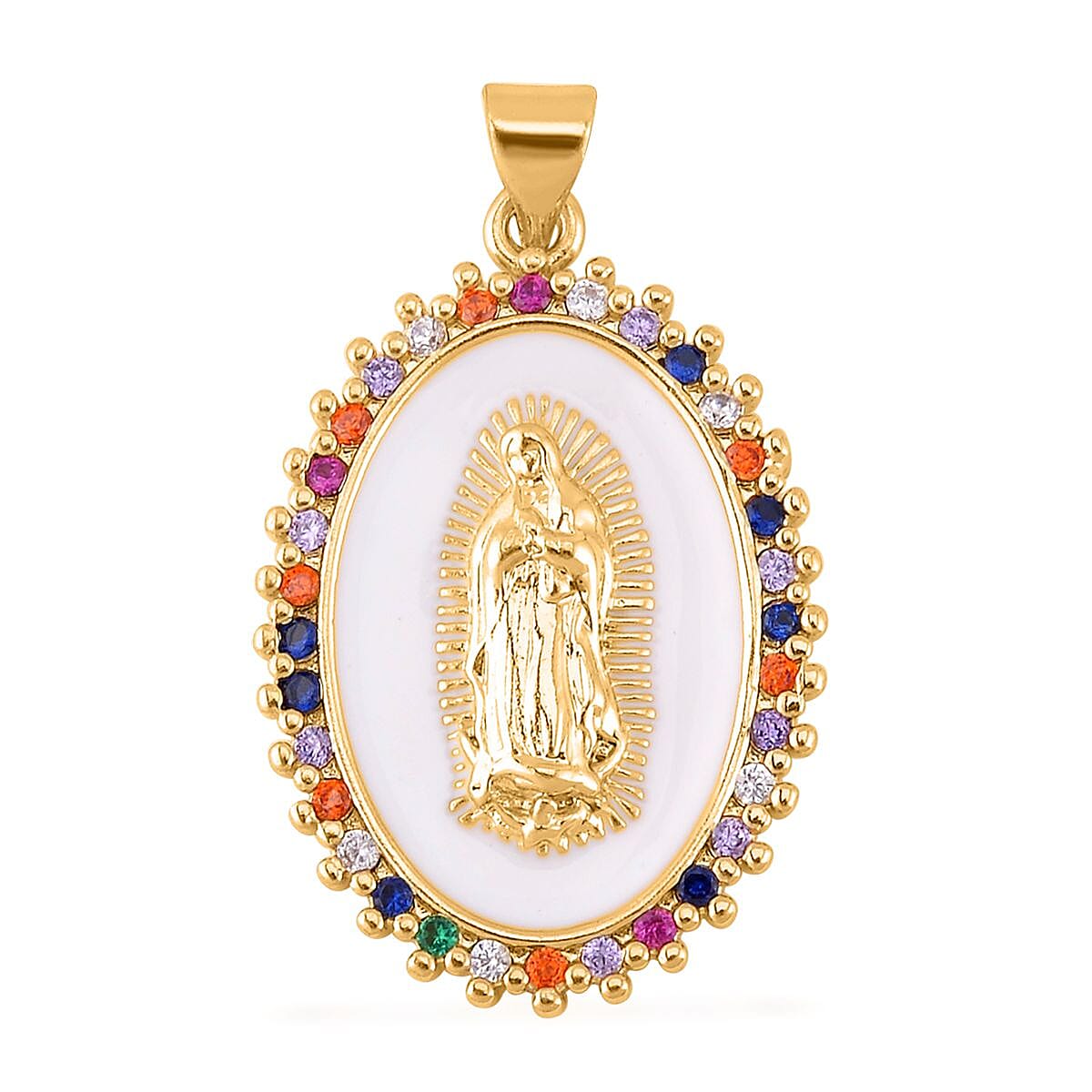 Simulated Multi Color Diamond, Enameled Set of 2 Mary Statue & Leopard Head Pendant without Chain in Goldtone 0.30 ctw