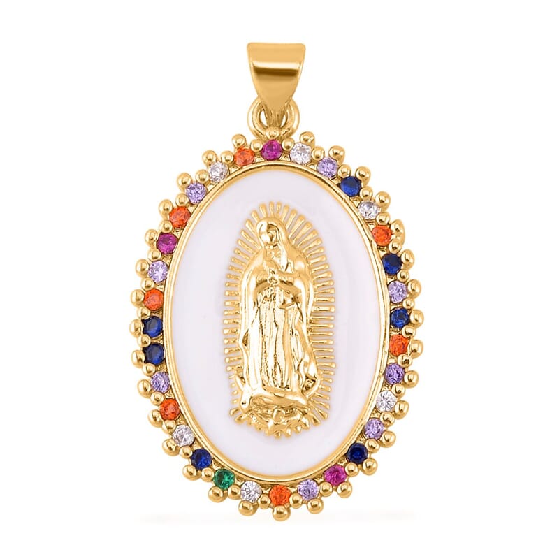 Simulated Multi Color Diamond, Enameled Set of 2 Mary Statue & Leopard Head Pendant without Chain in Goldtone 0.30 ctw