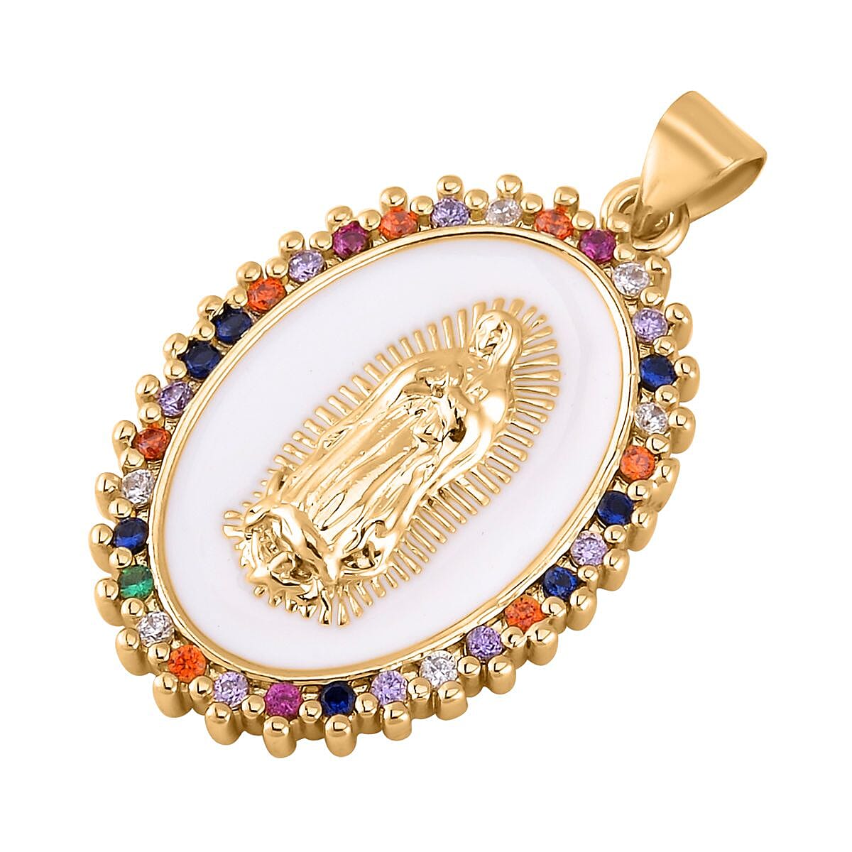Simulated Multi Color Diamond, Enameled Set of 2 Mary Statue & Leopard Head Pendant without Chain in Goldtone 0.30 ctw