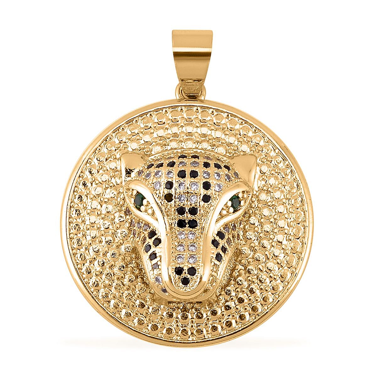 Simulated Multi Color Diamond, Enameled Set of 2 Mary Statue & Leopard Head Pendant without Chain in Goldtone 0.30 ctw