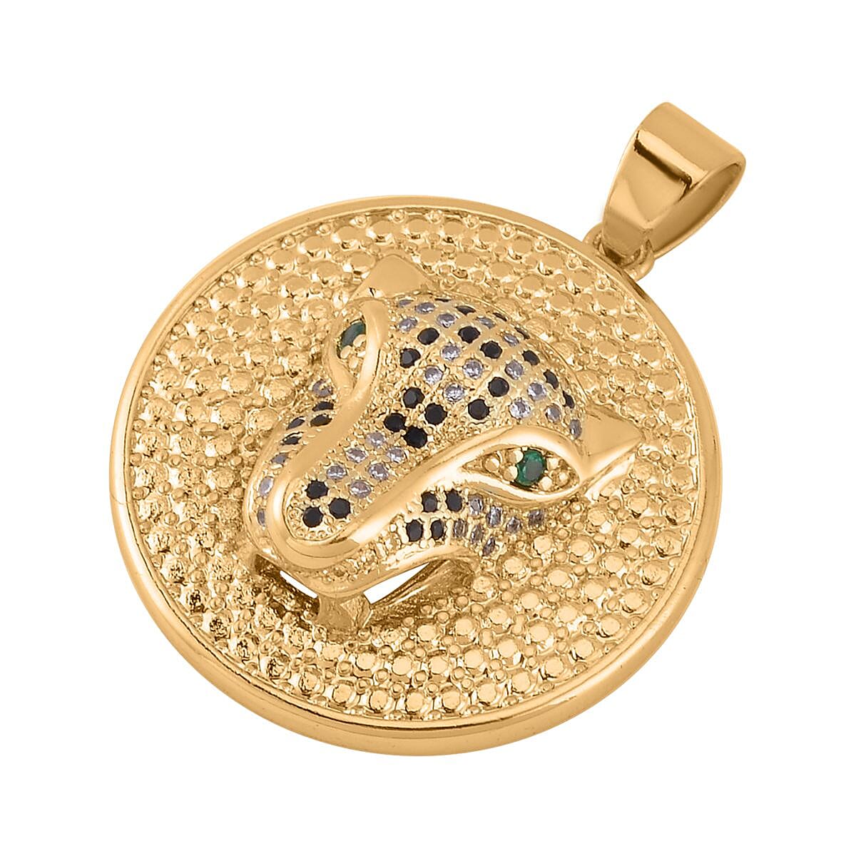 Simulated Multi Color Diamond, Enameled Set of 2 Mary Statue & Leopard Head Pendant without Chain in Goldtone 0.30 ctw