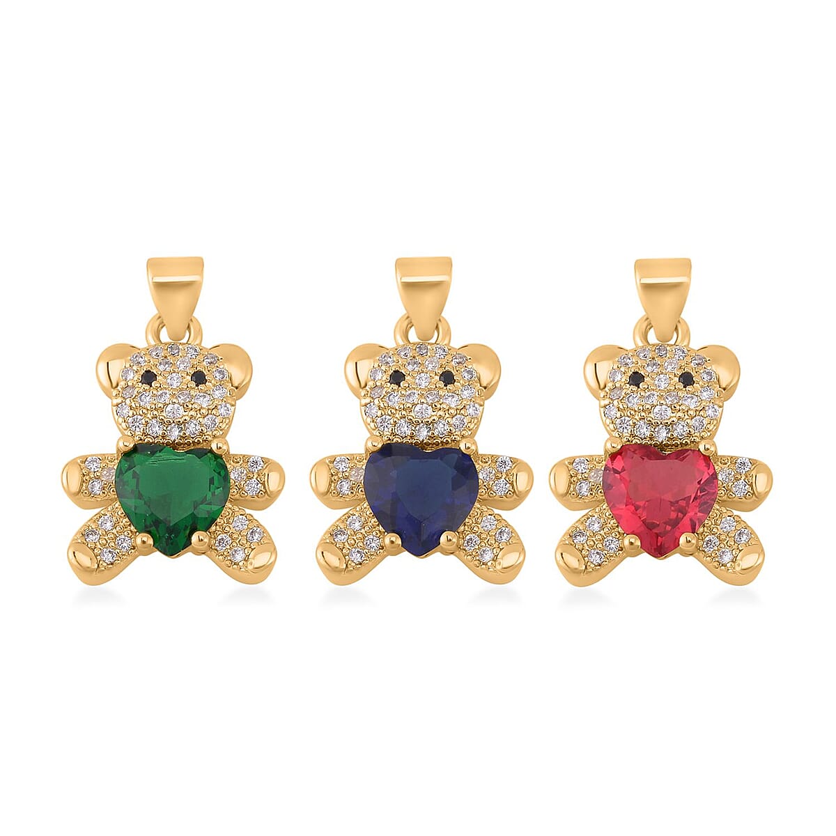Blue, Green and Ruby Colored Glass, Simulated Black and White Diamond Set of 3 Bear Pendant in Goldtone 0.33 ctw image number 0