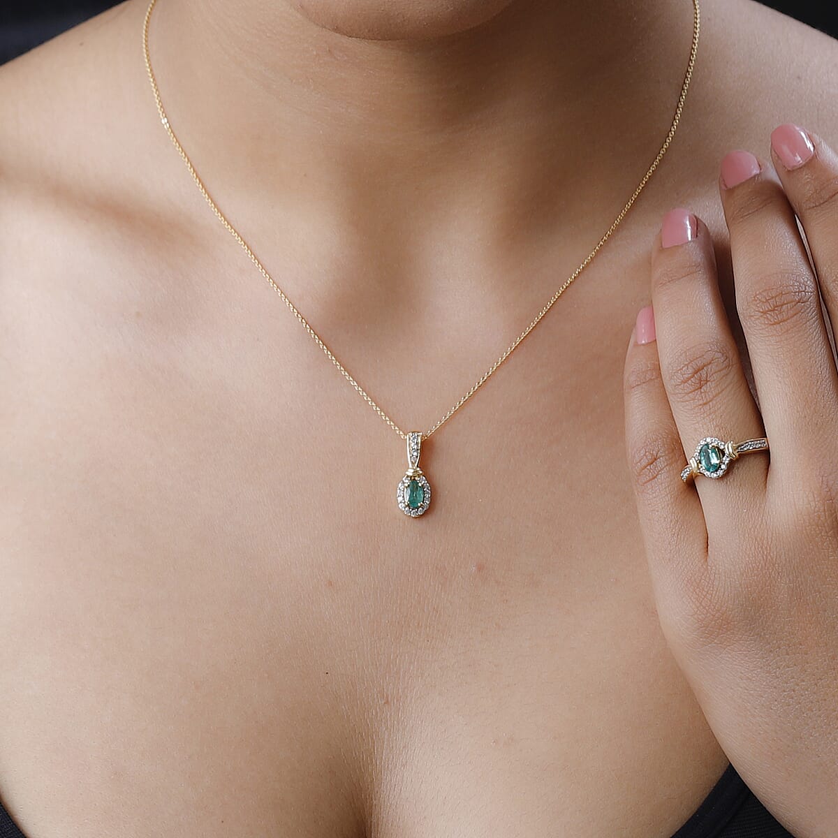 Ethiopian Emerald, Natural White Zircon Ring Size 6.0 and Pendant Necklace 20 Inches in Vermeil YG Over Sterling Silver 1.25 ctw image number 2