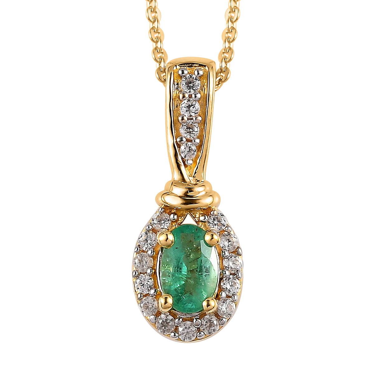 Ethiopian Emerald, Natural White Zircon Ring Size 6.0 and Pendant Necklace 20 Inches in Vermeil YG Over Sterling Silver 1.25 ctw image number 6