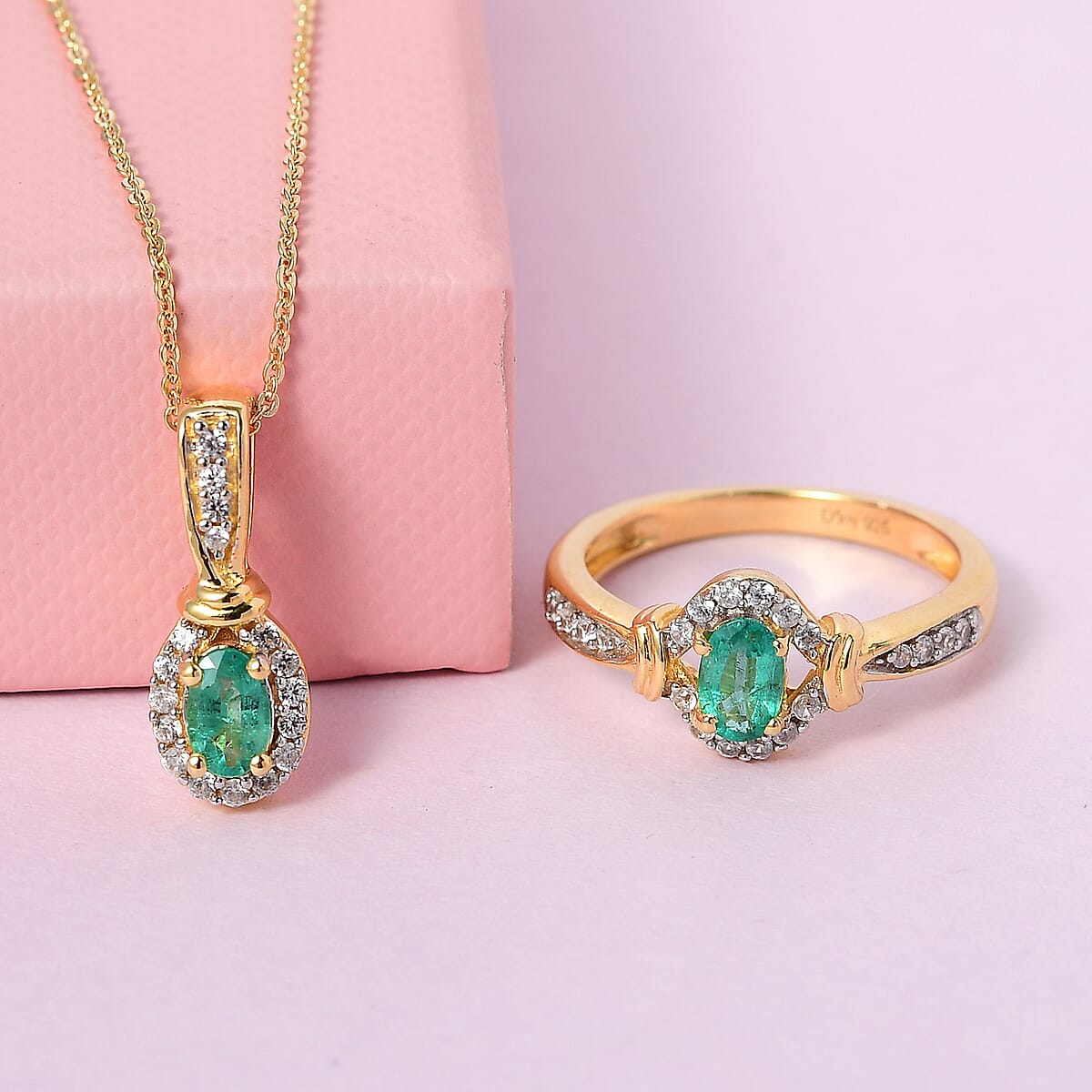 Ethiopian Emerald, White Zircon Ring Size 8.0 and Pendant Necklace 20 Inches in Vermeil YG Over Sterling Silver 1.25 ctw image number 1