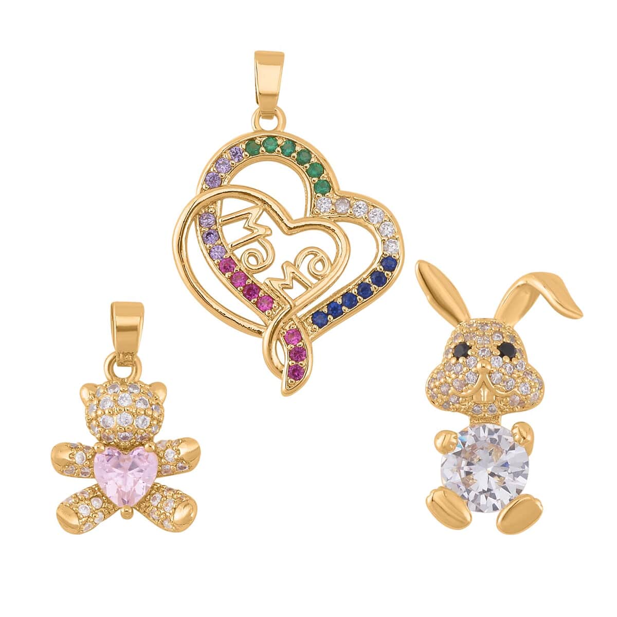 Simulated Multi Color Diamond 1.50 ctw Set of 3 Teddy Bear, Heart and Rabbit Pendant in Goldtone image number 0