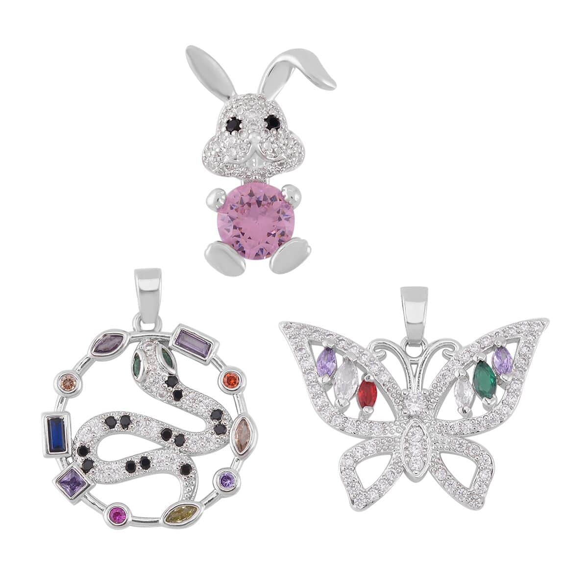 Simulated Multi Color Diamond 7.30 ctw Set of 3 Butterfly, Snake and Rabbit Pendant in Silvertone image number 0