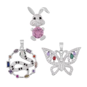Simulated Multi Color Diamond 7.30 ctw Set of 3 Butterfly, Snake and Rabbit Pendant without Chain in Silvertone