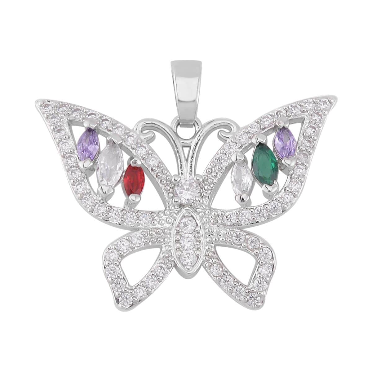 Simulated Multi Color Diamond 7.30 ctw Set of 3 Butterfly, Snake and Rabbit Pendant in Silvertone image number 3