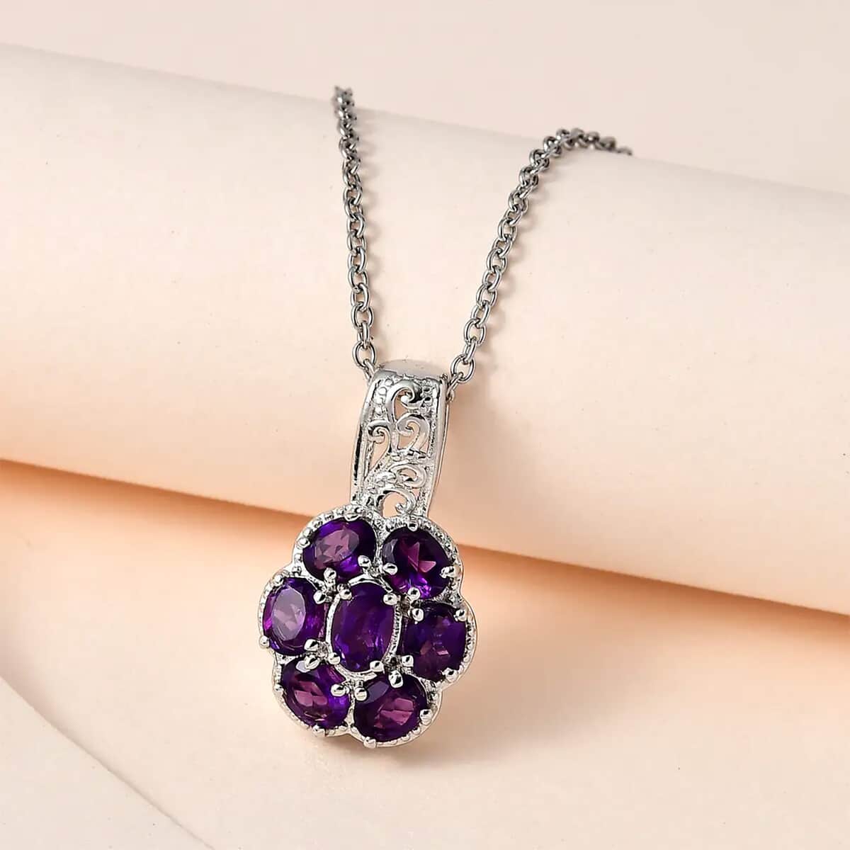 Karis African Amethyst Floral Pendant Necklace 20 Inches in Platinum Bond and Stainless Steel 2.85 ctw image number 1