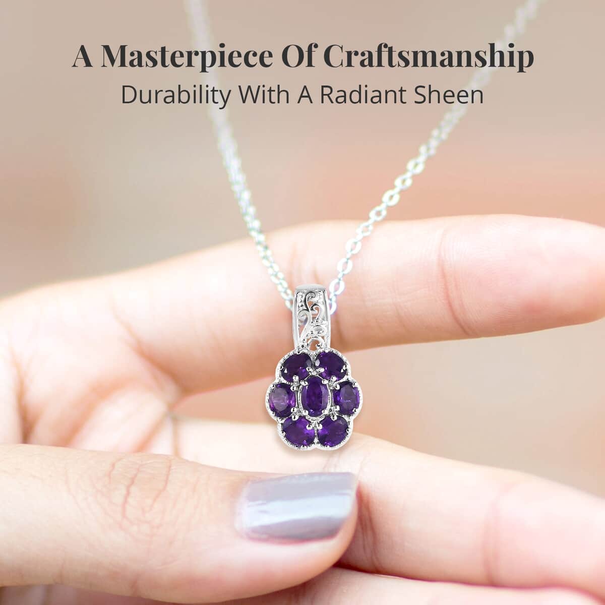 Karis African Amethyst Floral Pendant Necklace 20 Inches in Platinum Bond and Stainless Steel 2.85 ctw image number 3