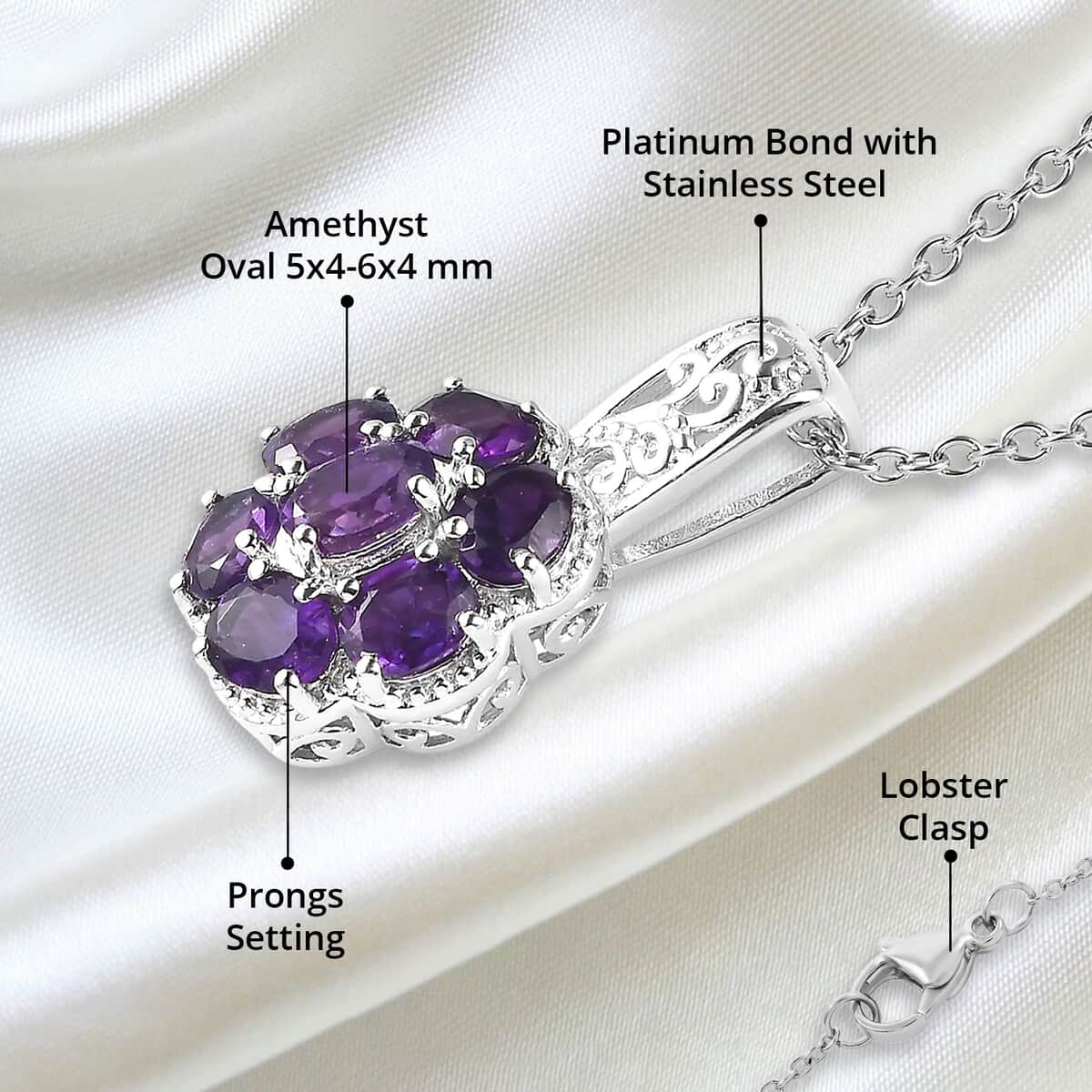 Karis African Amethyst Floral Pendant Necklace 20 Inches in Platinum Bond and Stainless Steel 2.85 ctw image number 4