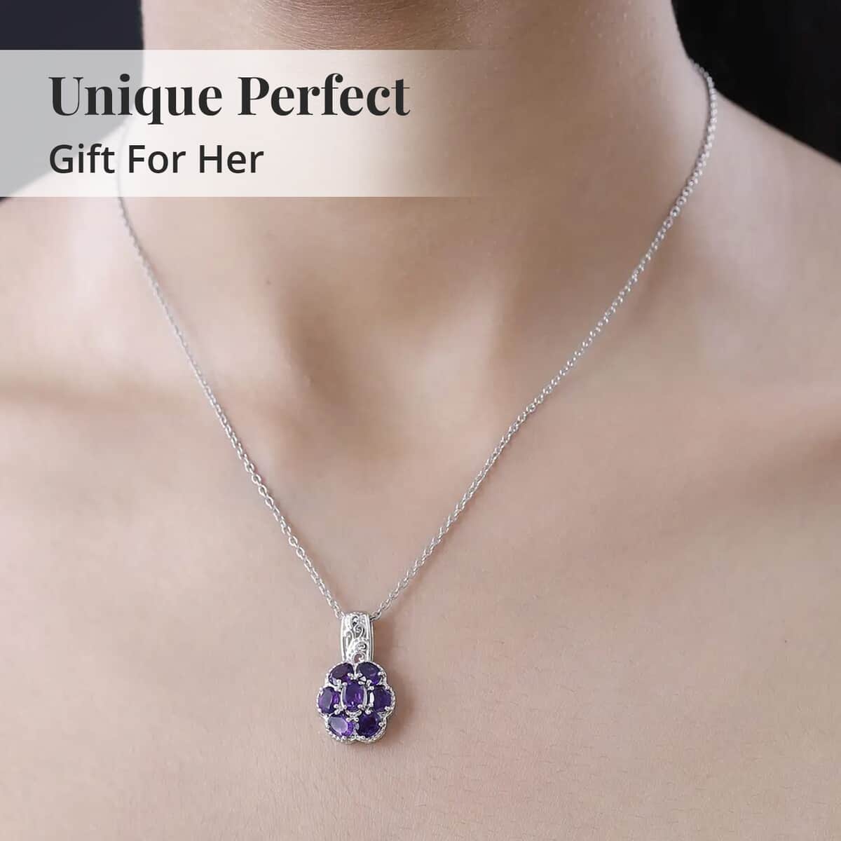 Karis African Amethyst Floral Pendant Necklace 20 Inches in Platinum Bond and Stainless Steel 2.85 ctw image number 5