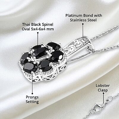 Karis Thai Black Spinel 3.00 ctw Pendant Necklace 20 Inches in Platinum Bond and Stainless Steel, Tarnish-Free, Waterproof, Sweat Proof Jewelry
