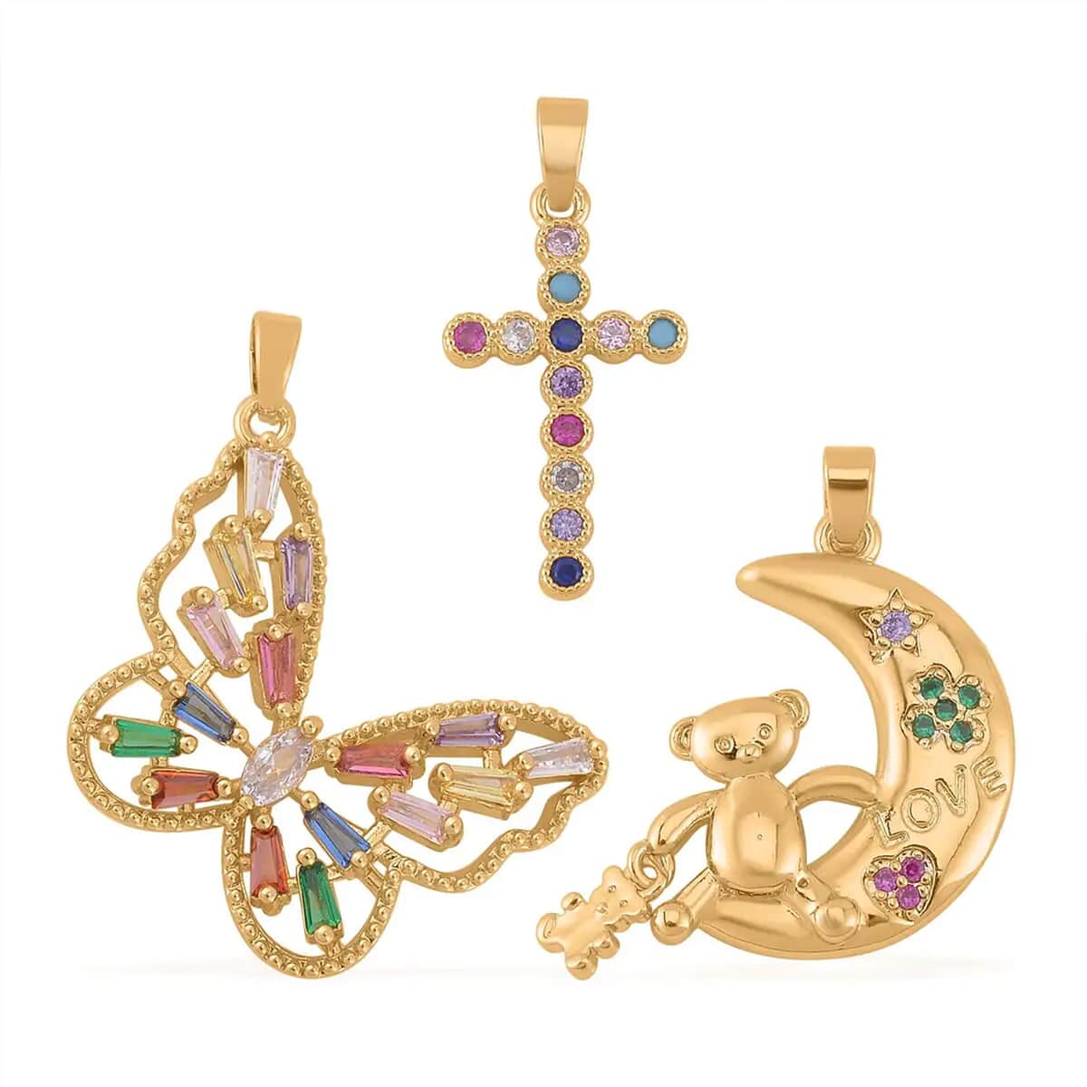 Simulated Multi Color Diamond Set of 3 Butterfly, Moon and Cross Pendant in Goldtone 1.00 ctw image number 0