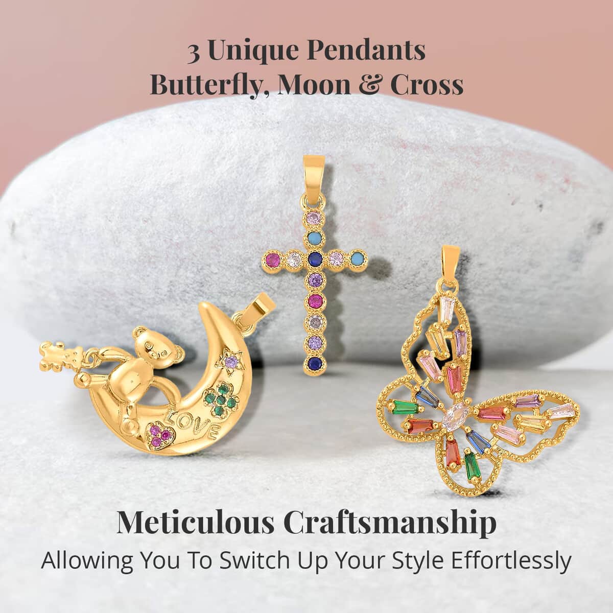 Simulated Multi Color Diamond Set of 3 Butterfly, Moon and Cross Pendant in Goldtone 1.00 ctw image number 2