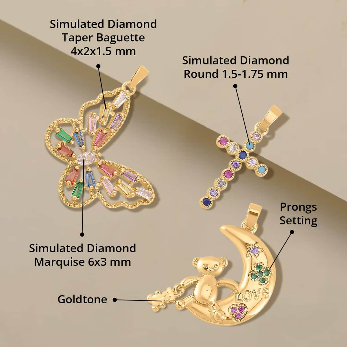 Simulated Multi Color Diamond Set of 3 Butterfly, Moon and Cross Pendant in Goldtone 1.00 ctw image number 3