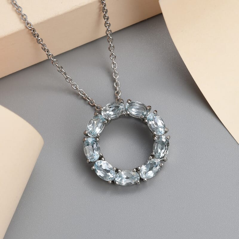 Sky Blue Topaz Circle Pendant Necklace (20 Inches) in Stainless Steel 4.50 ctw , Tarnish-Free, Waterproof, Sweat Proof Jewelry