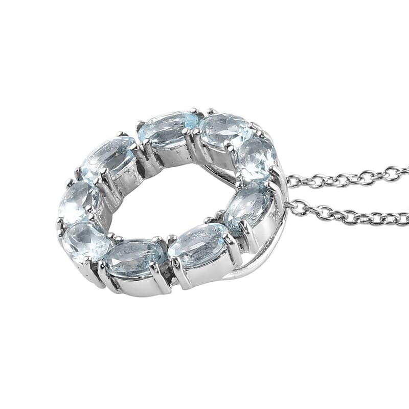 Sky Blue Topaz Circle Pendant Necklace (20 Inches) in Stainless Steel 4.50 ctw , Tarnish-Free, Waterproof, Sweat Proof Jewelry