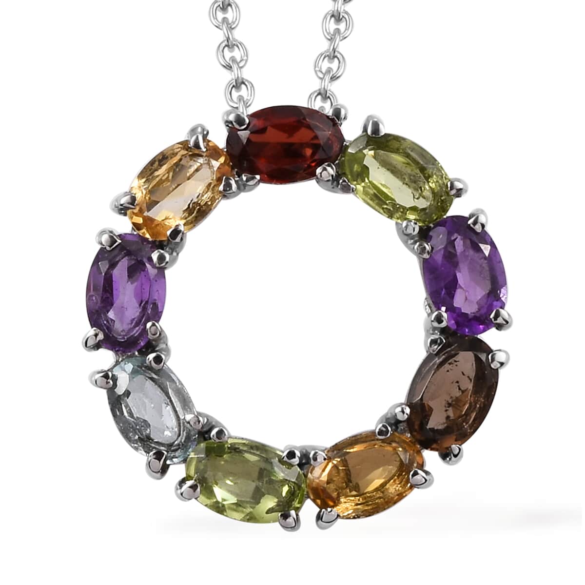 Multi Gemstone Circle Pendant Necklace (20 Inches) in Stainless Steel 3.90 ctw , Tarnish-Free, Waterproof, Sweat Proof Jewelry image number 0