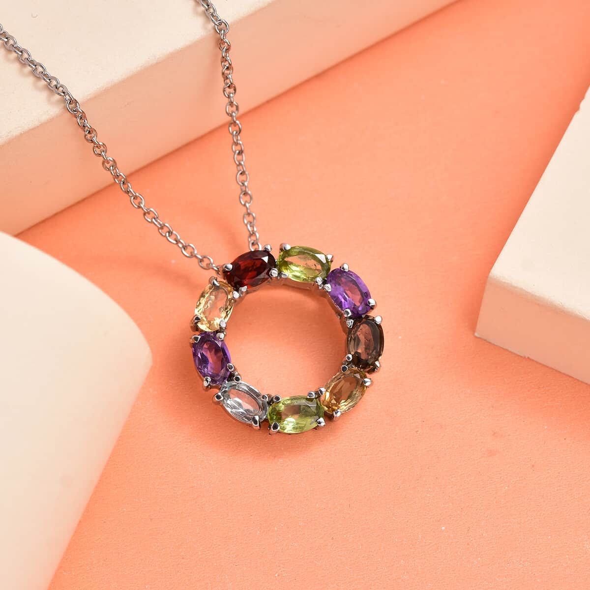 Multi Gemstone Circle Pendant Necklace (20 Inches) in Stainless Steel 3.90 ctw , Tarnish-Free, Waterproof, Sweat Proof Jewelry image number 1