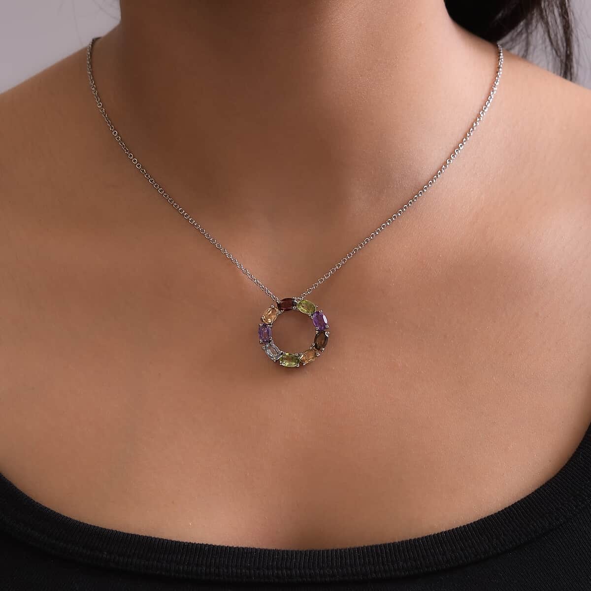 Multi Gemstone Circle Pendant Necklace (20 Inches) in Stainless Steel 3.90 ctw , Tarnish-Free, Waterproof, Sweat Proof Jewelry image number 2