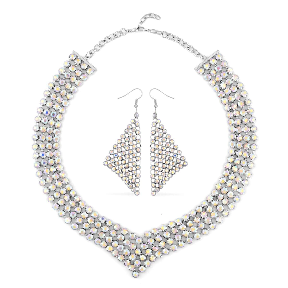 White Aurora Borealis Color Austrian Crystal Earrings and Princess Necklace 16-20 Inches in Silvertone image number 0