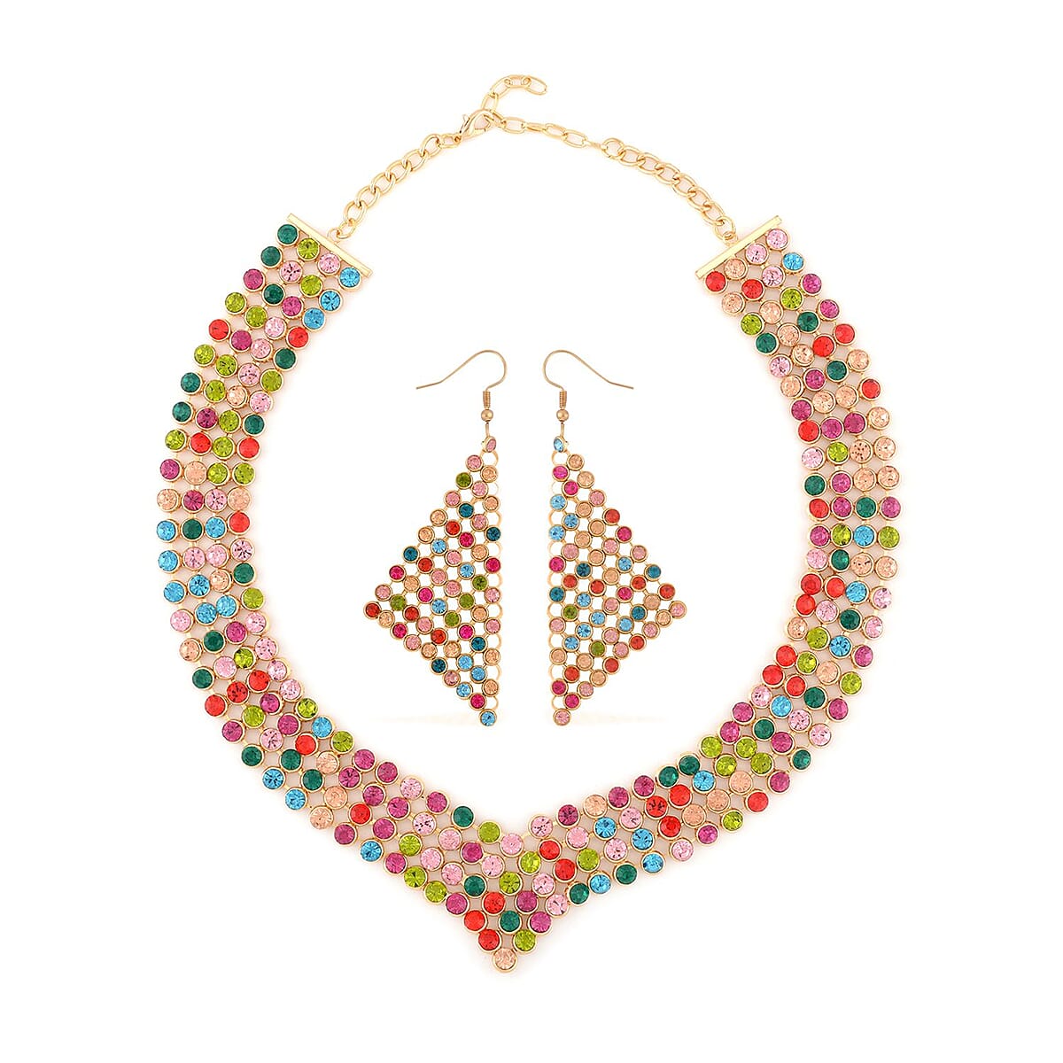 Multi Color Austrian Crystal Earrings and Princess Necklace 16-20 Inches in Goldtone image number 0