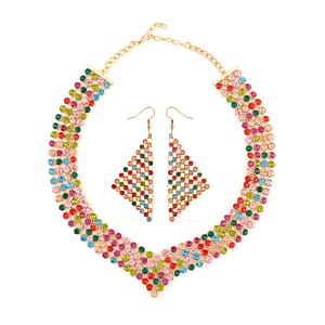 Multi Color Austrian Crystal Earrings and Princess Necklace 16-20 Inches in Goldtone