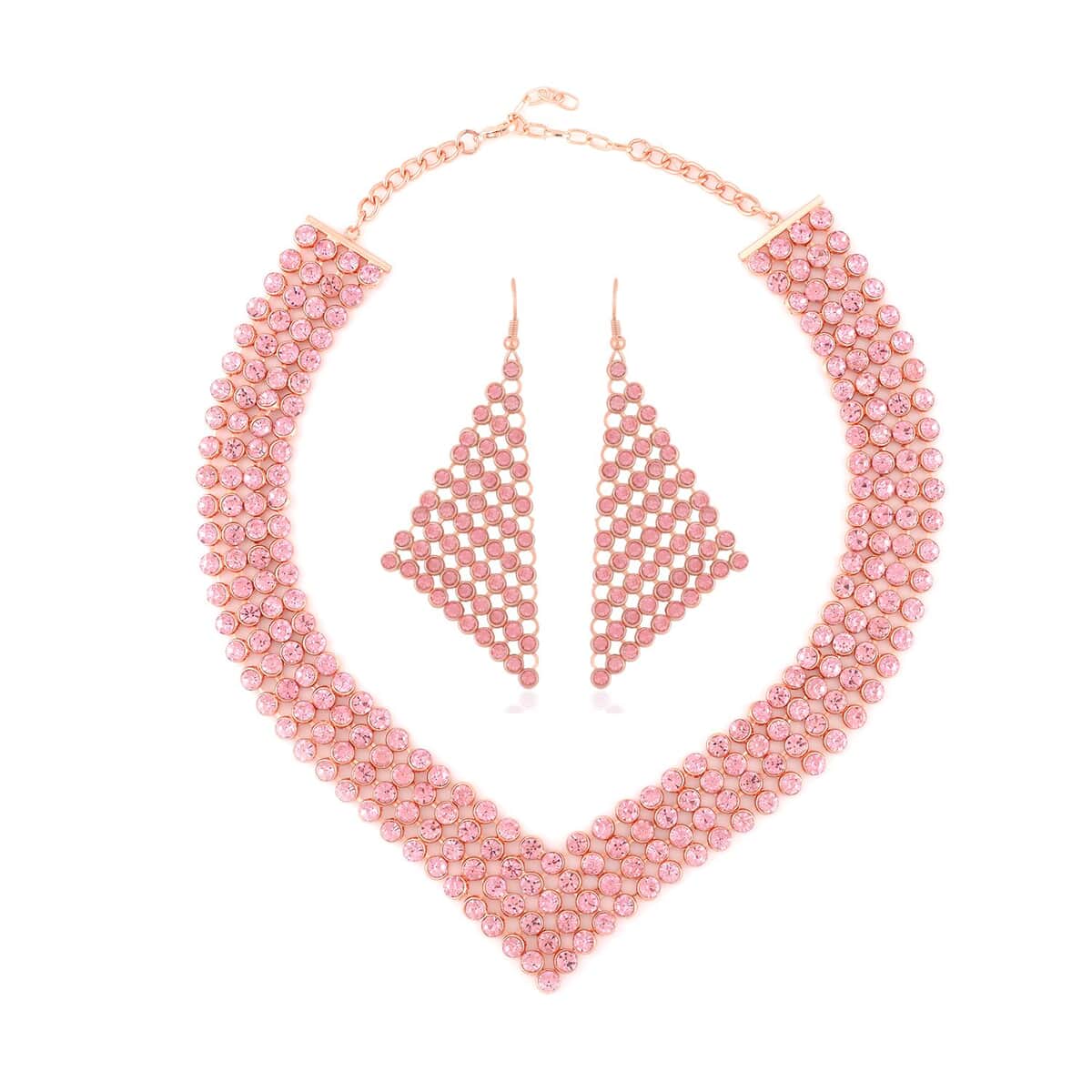 Pink Austrian Crystal Earrings and Princess Necklace 16-20 Inches in Rosetone image number 0