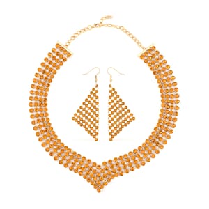 Champagne Color Austrian Crystal Earrings and Princess Necklace 16-20 Inches in Goldtone