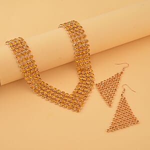 Champagne Color Austrian Crystal Earrings and Princess Necklace 16-20 Inches in Goldtone