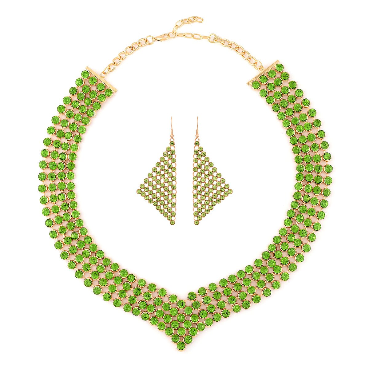 Peridot Color Austrian Crystal Earrings and Princess Necklace 16-20 Inches in Goldtone image number 0