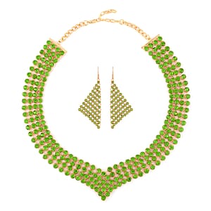 Peridot Color Austrian Crystal Earrings and Princess Necklace 16-20 Inches in Goldtone