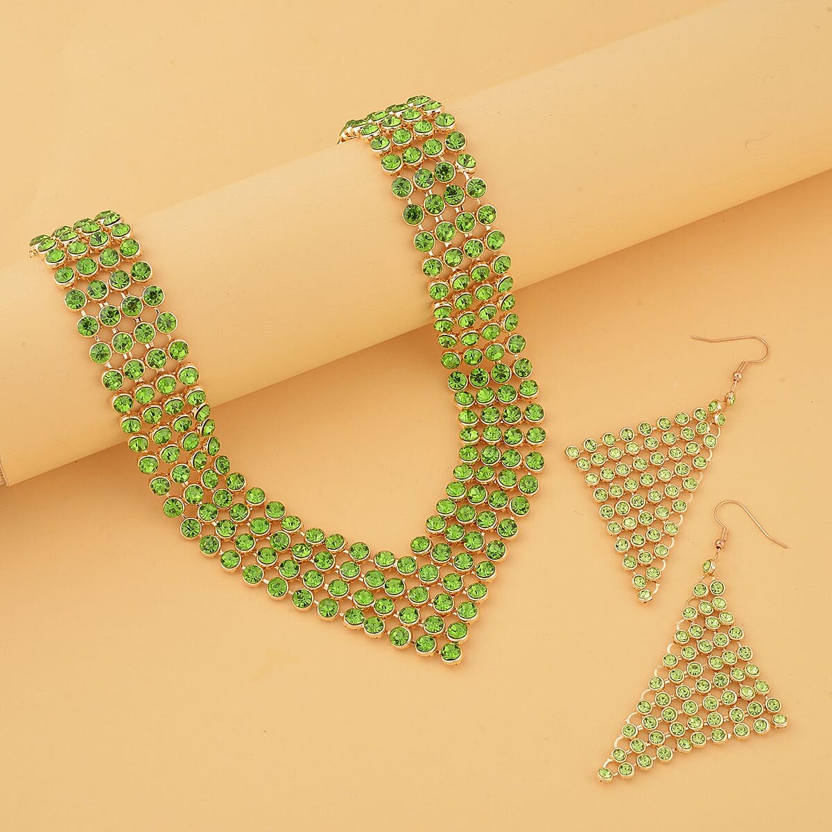 Peridot Color Austrian Crystal Earrings and Princess Necklace 16-20 Inches in Goldtone image number 1