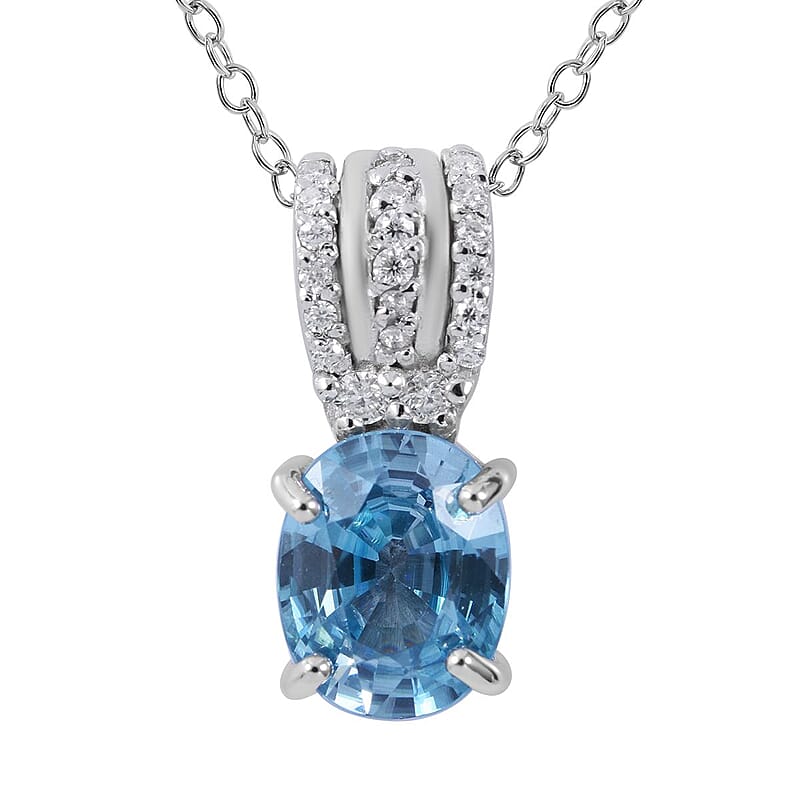 Cambodian Blue Zircon and Moissanite Pendant Necklace 18 Inches in Platinum Over Sterling Silver 3.40 ctw