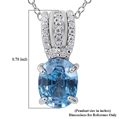 Cambodian Blue Zircon and Moissanite Pendant Necklace 18 Inches in Platinum Over Sterling Silver 3.40 ctw