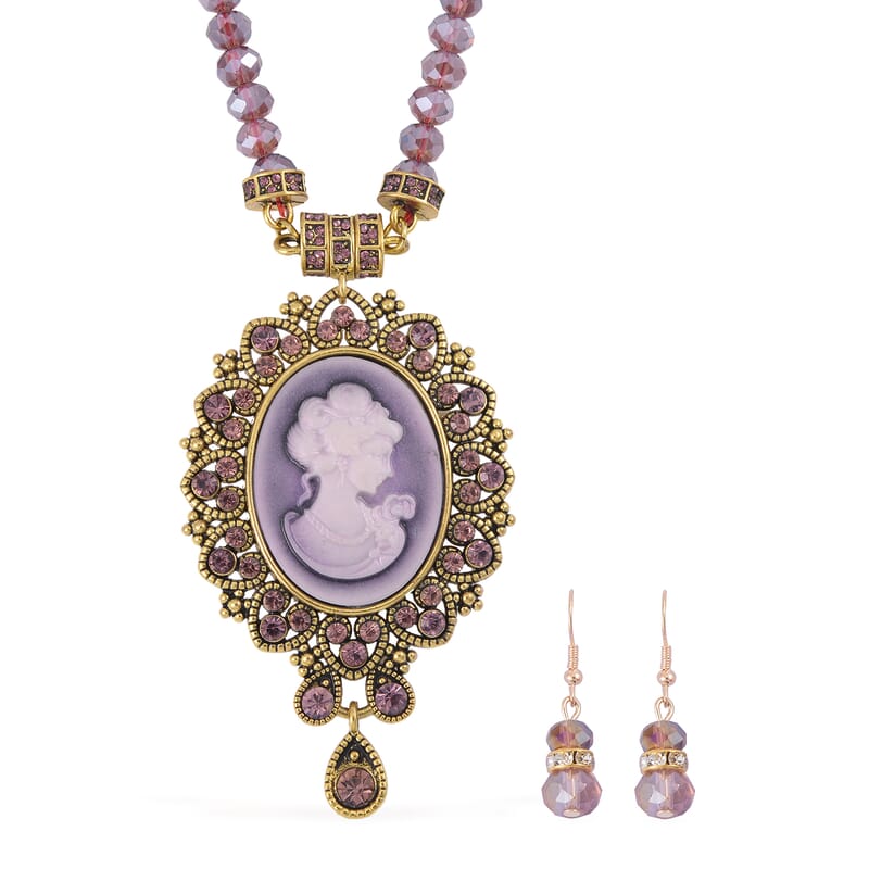 Cameo and Purple Magic Color Glass Earrings and Necklace 22 Inches in Goldtone 15.00 ctw