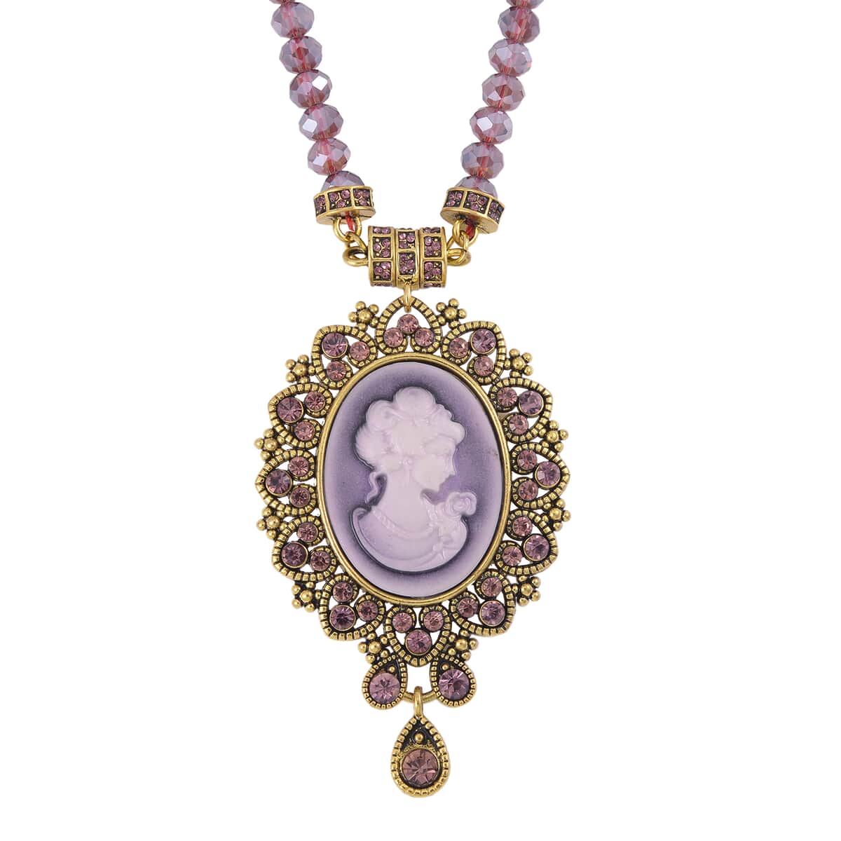 Cameo and Purple Magic Color Glass Earrings and Necklace 22 Inches in Goldtone 15.00 ctw image number 2