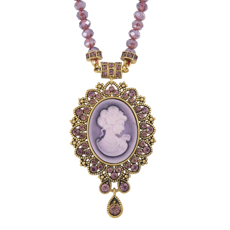 Cameo and Purple Magic Color Glass Earrings and Necklace 22 Inches in Goldtone 15.00 ctw