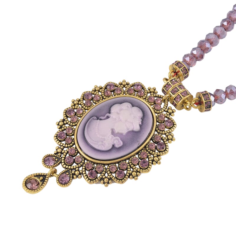 Cameo and Purple Magic Color Glass Earrings and Necklace 22 Inches in Goldtone 15.00 ctw