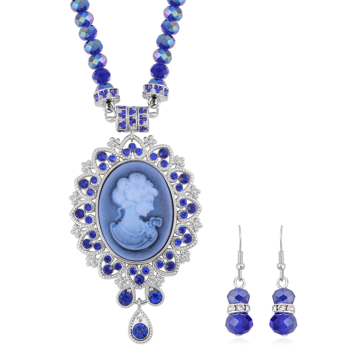 Cameo and Blue Magic Color Glass Earrings and Necklace 22 Inches in Silvertone 15.00 ctw image number 0