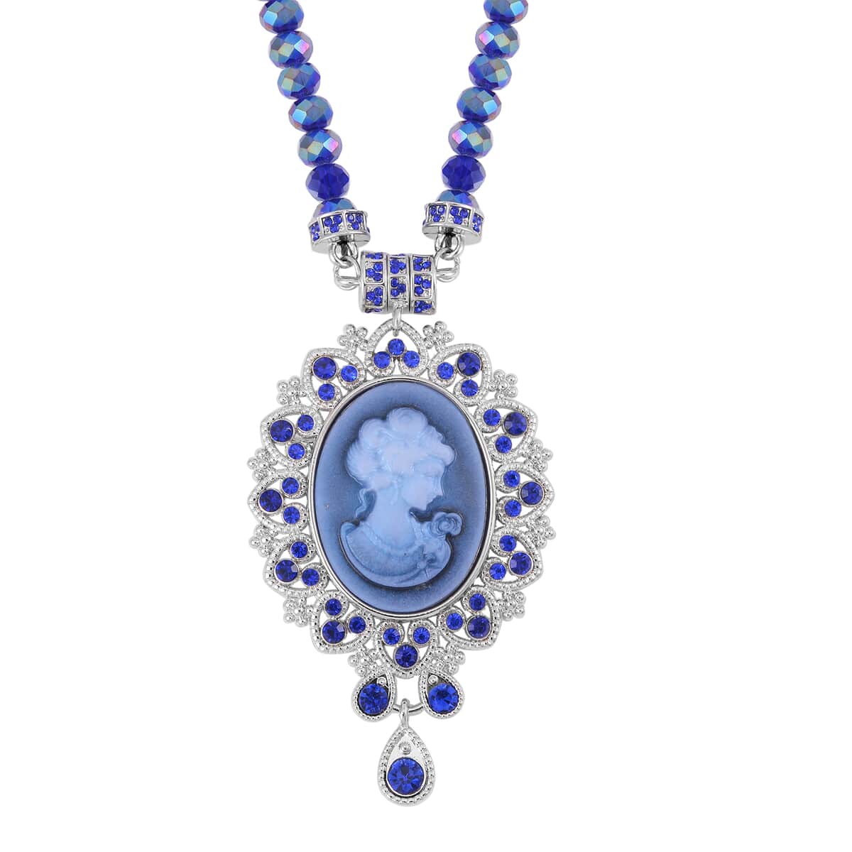 Cameo and Blue Magic Color Glass Earrings and Necklace 22 Inches in Silvertone 15.00 ctw image number 2